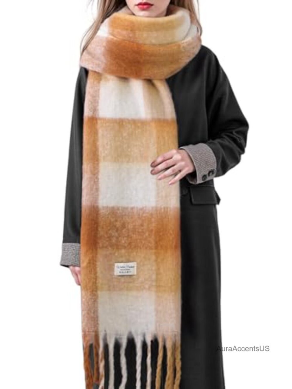 Women's Winter Mohair Style Scarf Shawl, Acrylic Plaid Cashmere Feel Wrap,